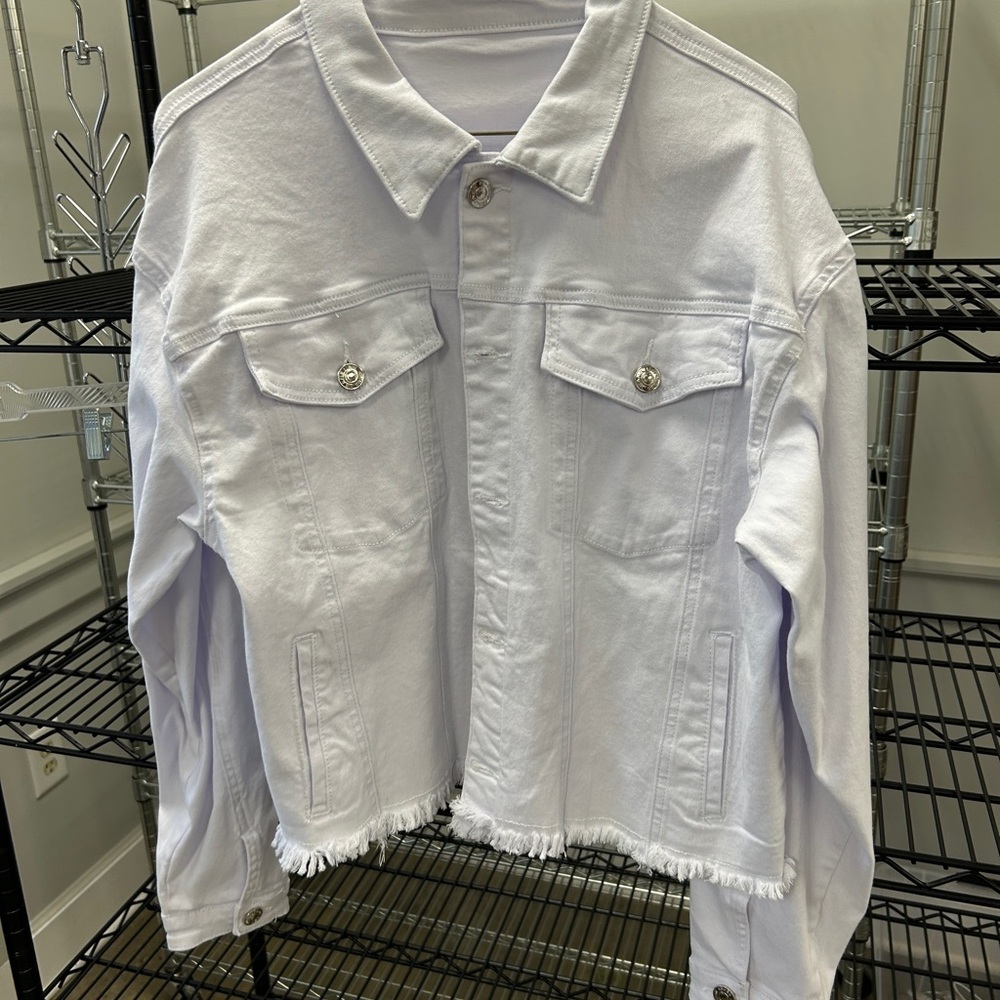 White Denim Jacket with Frayed Hem